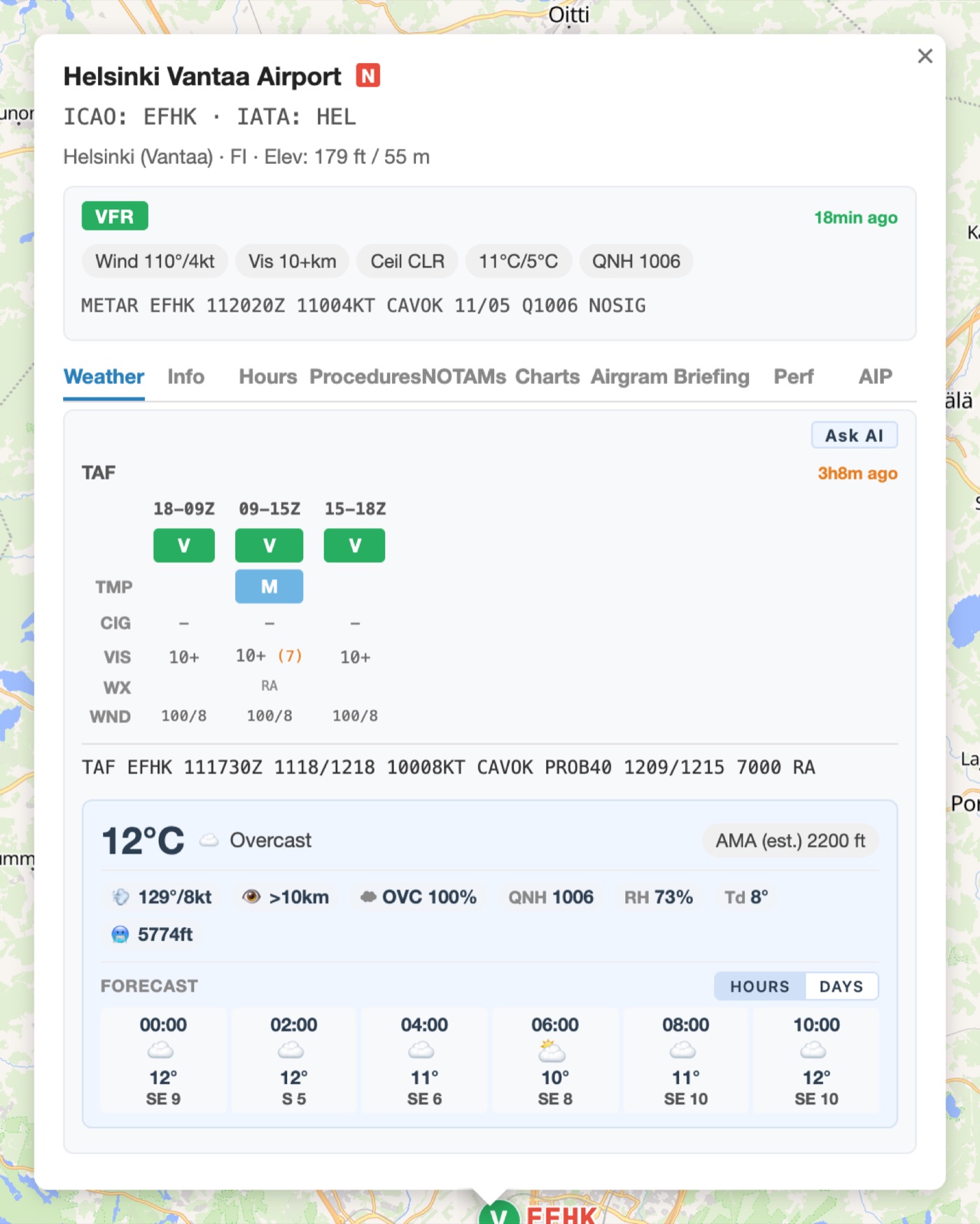 METAR and TAF view for an airport on a timeline