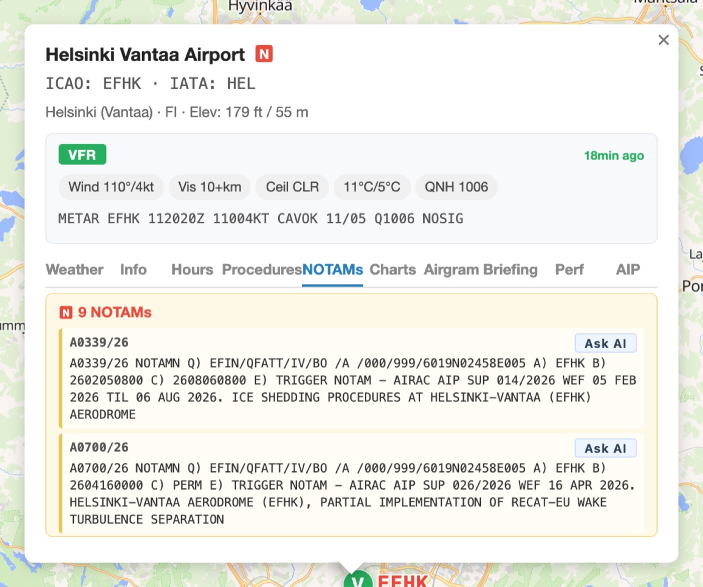 NOTAM data listed and shown on the map