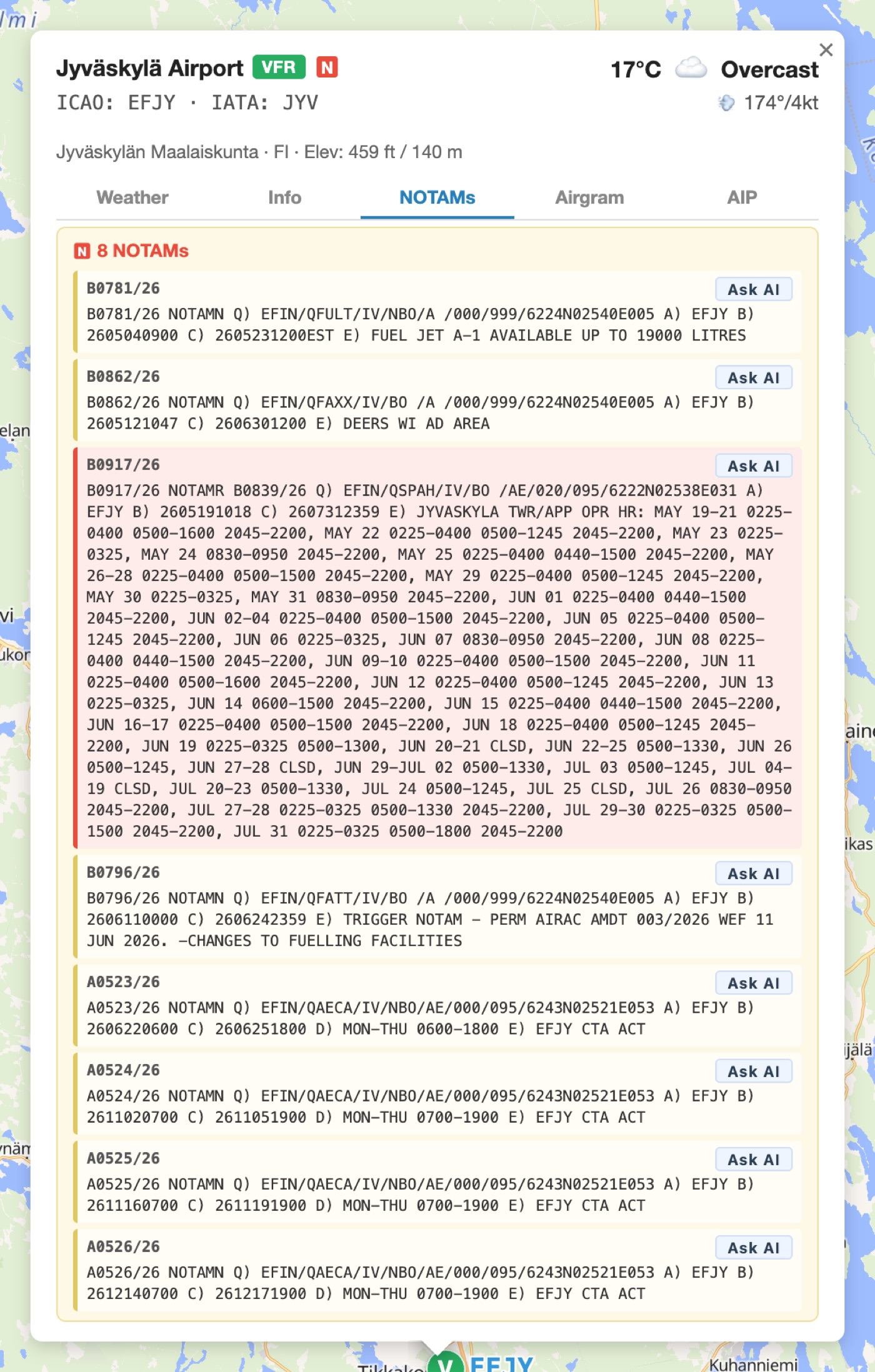 NOTAMs tab open for an airport: list of NOTAMs with Ask AI buttons