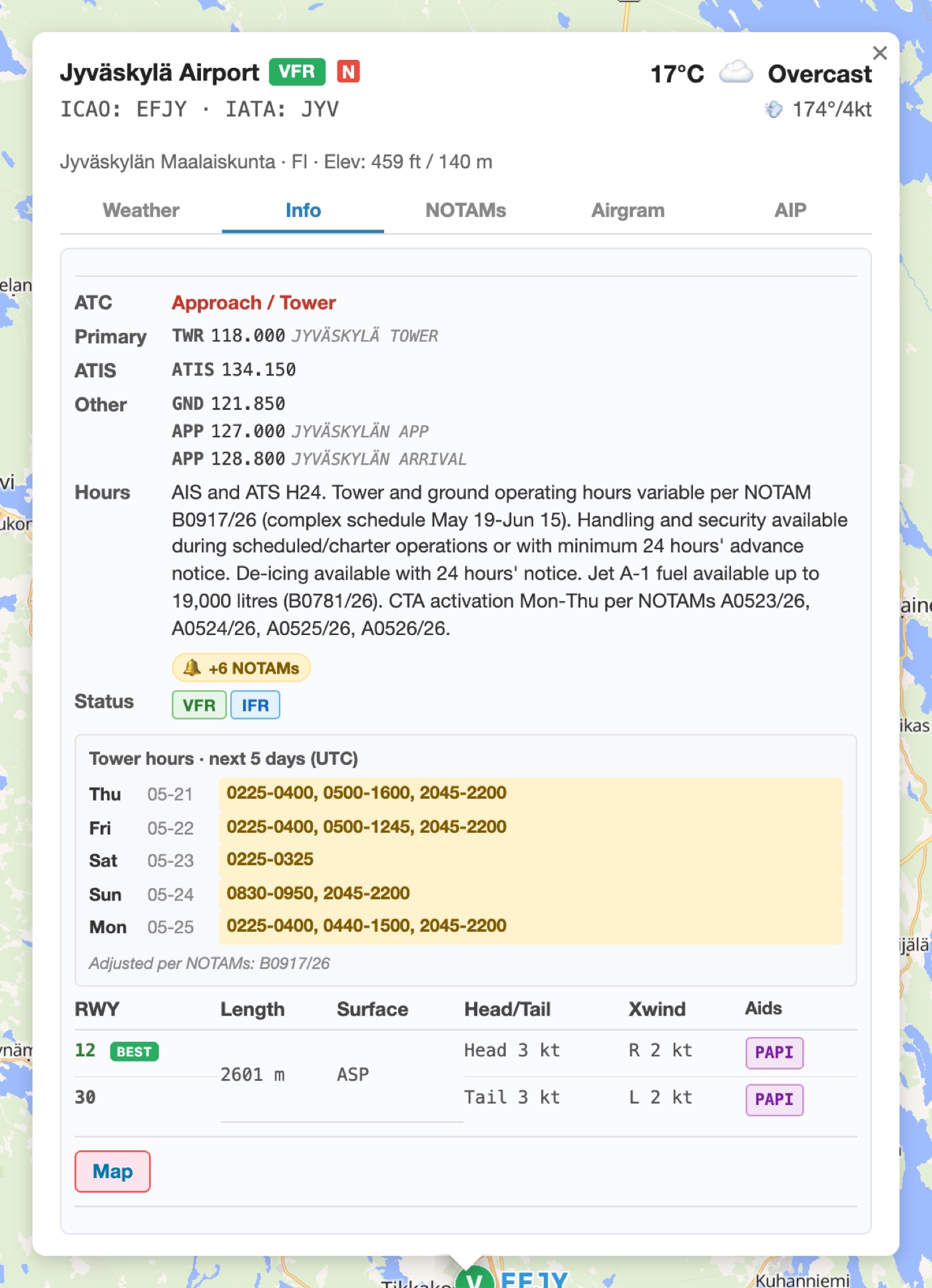 Info tab: ATC frequencies, 5-day hours schedule, runways and crosswind calculation
