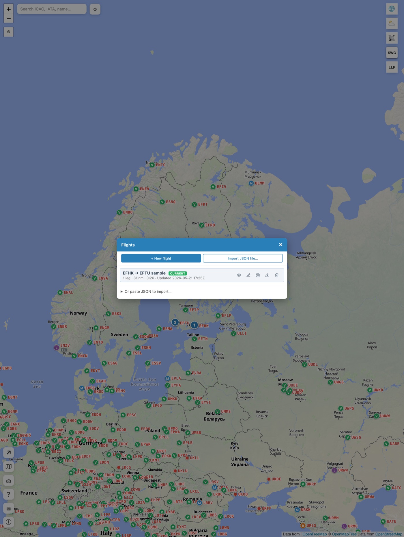 Flight Planner view: saved flights library and a route on the map