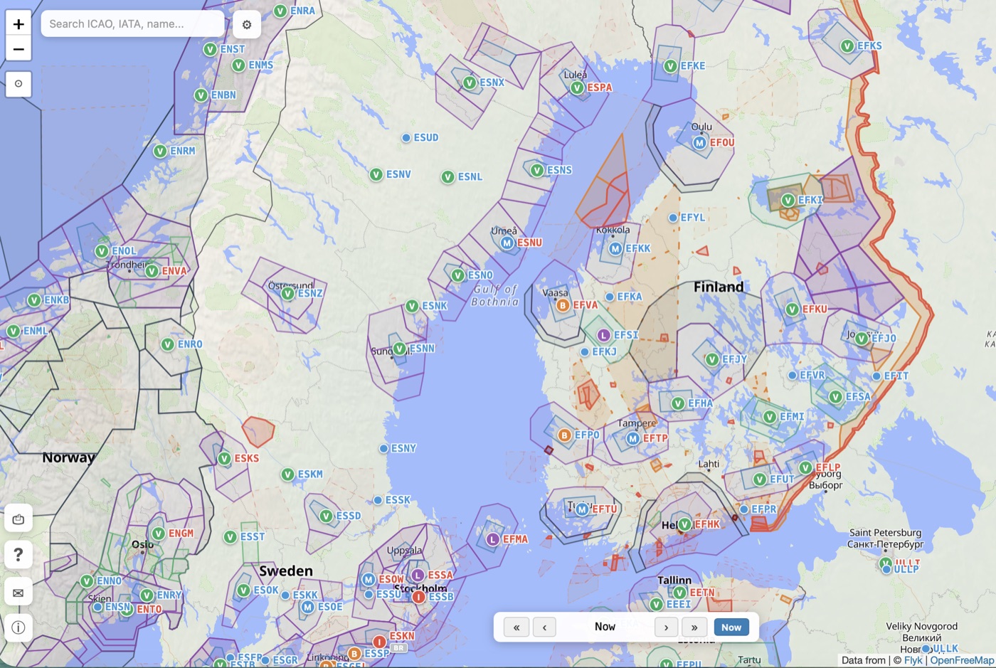 TMA, CTR and R/D/P airspaces shown on the map across the Nordics