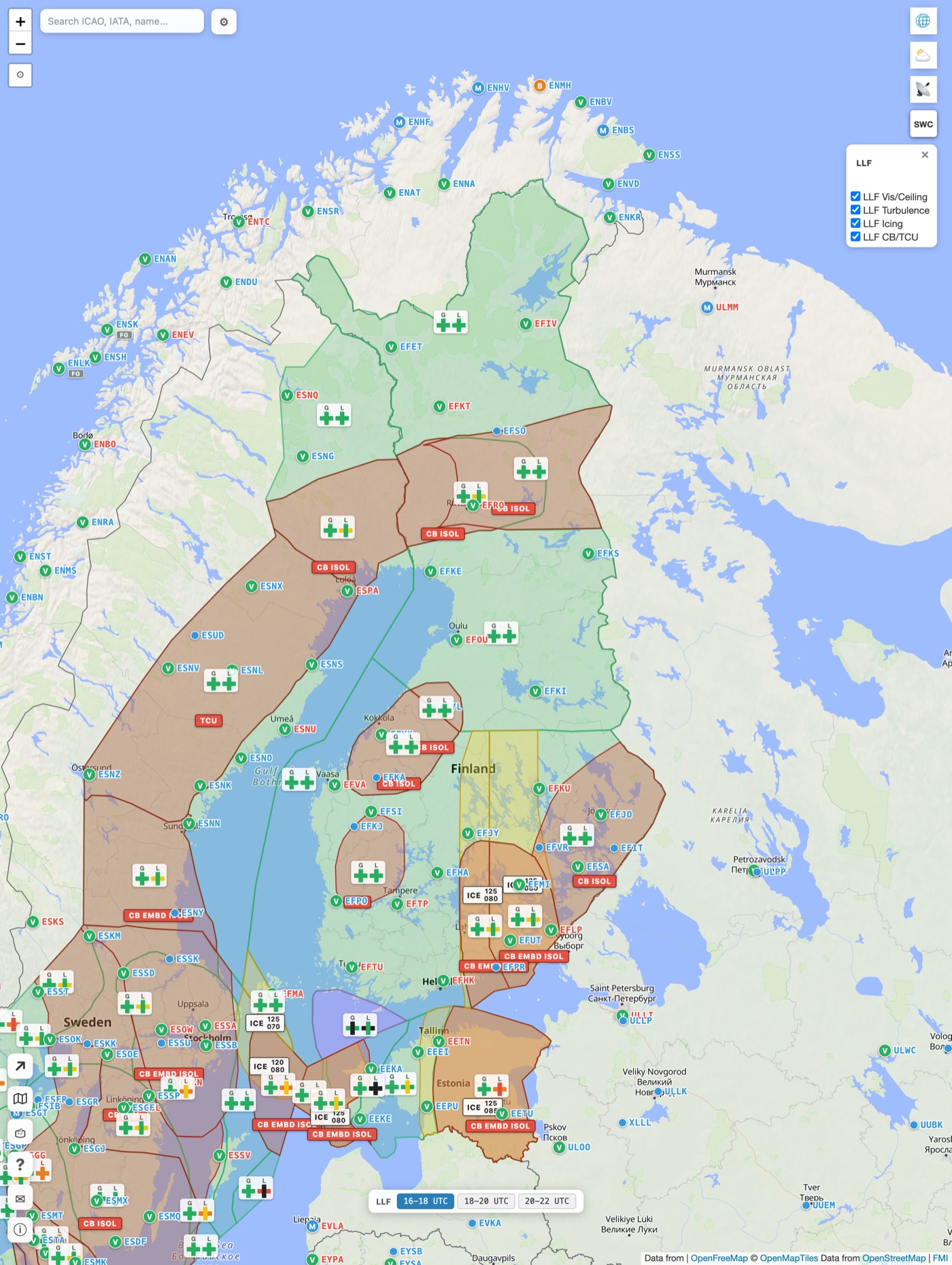 LLF panel open: icing, turbulence and OB/TCU zones across the Nordic map
