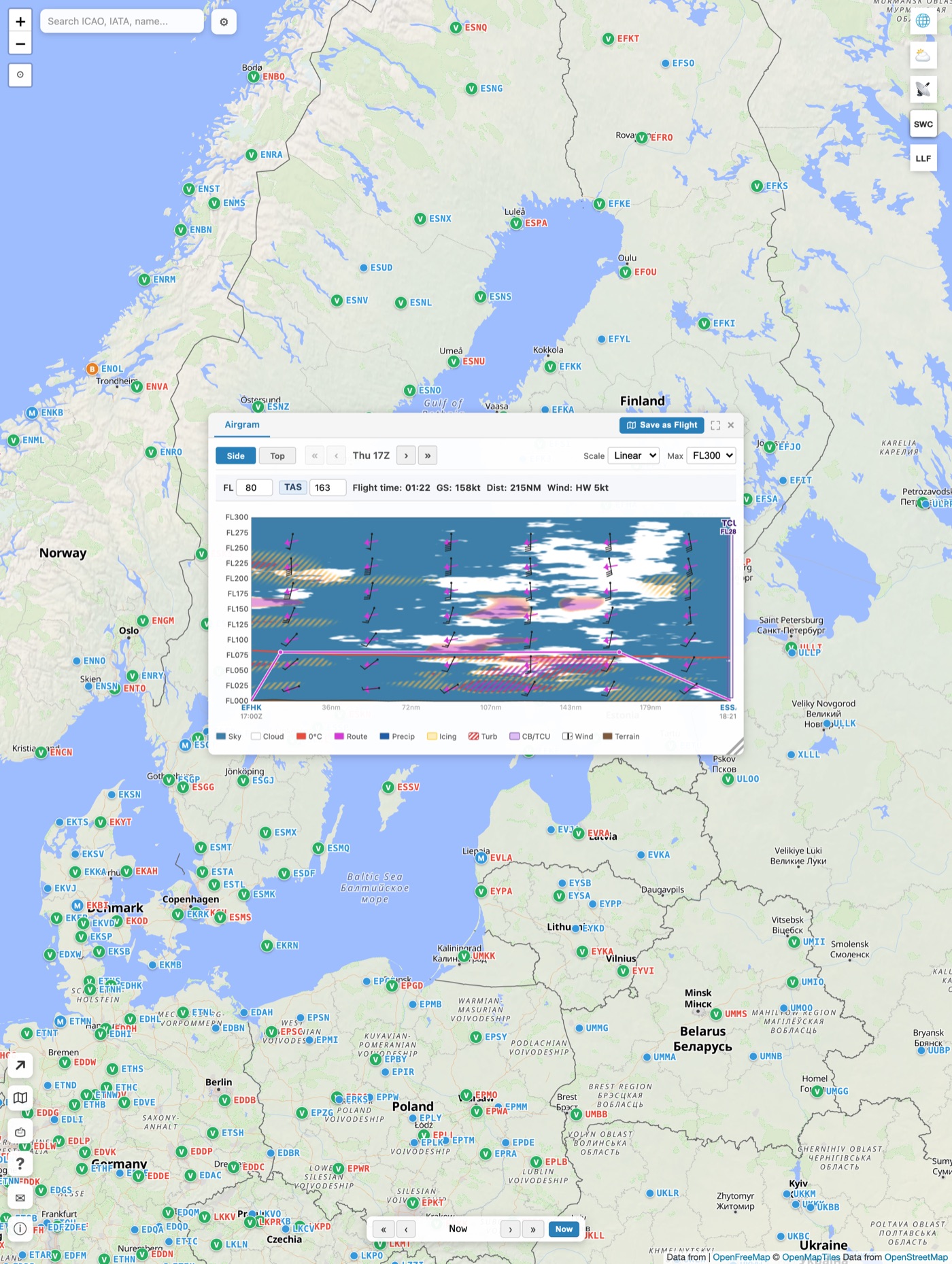 Route airgram view: vertical cross-section of clouds and wind