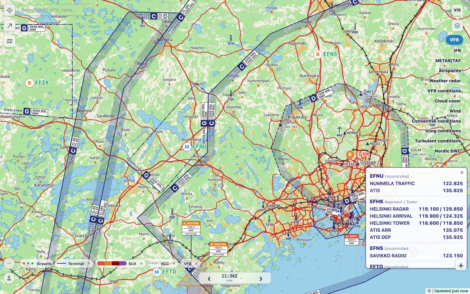 VFR-näkymä Helsingin länsipuolelta: valvotut ilmatilat, rajoitusalueet sekä Nummelan ja Helsingin taajuudet